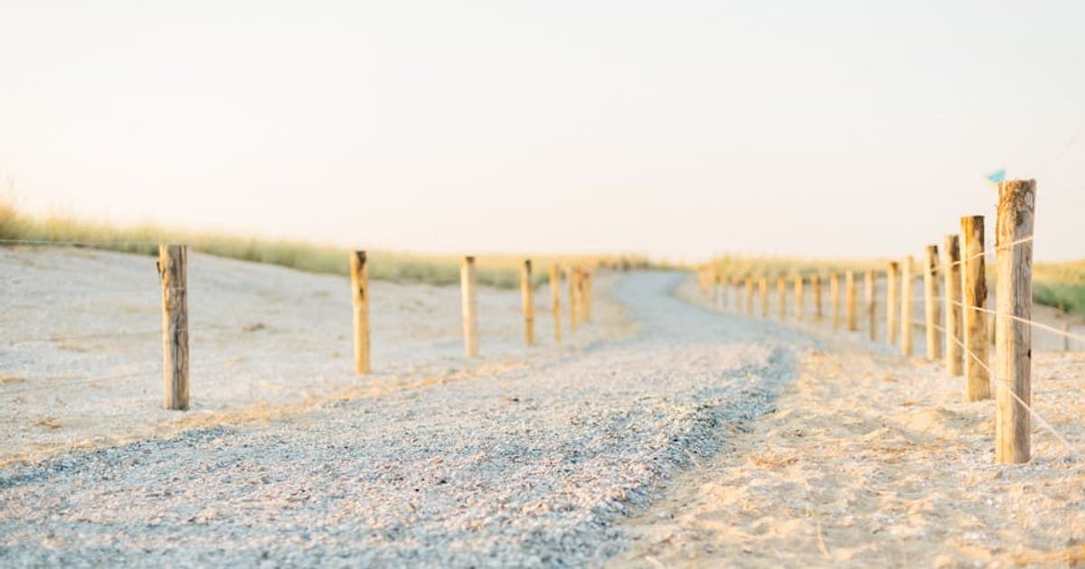 Tranquil gravel path through Dutch sand dunes bordered by a wooden fence at sunrise.