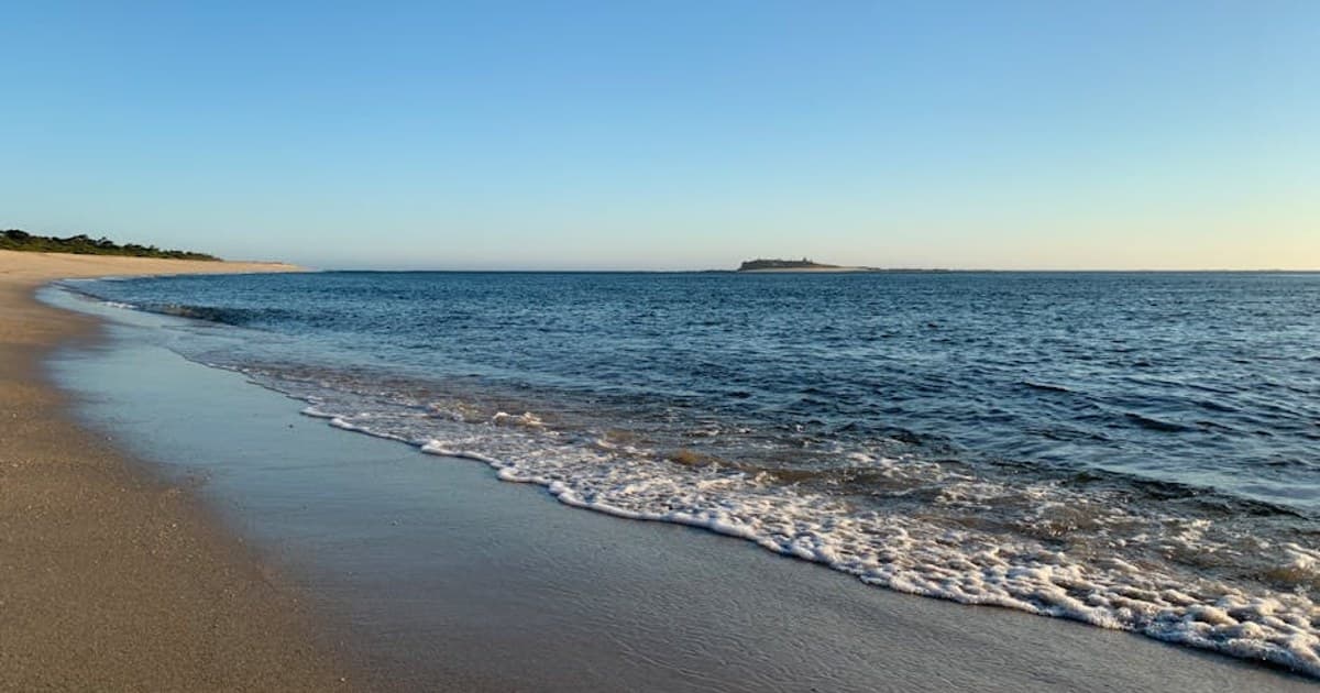 Peaceful beach with gentle waves and clear sky, perfect for summer relaxation.