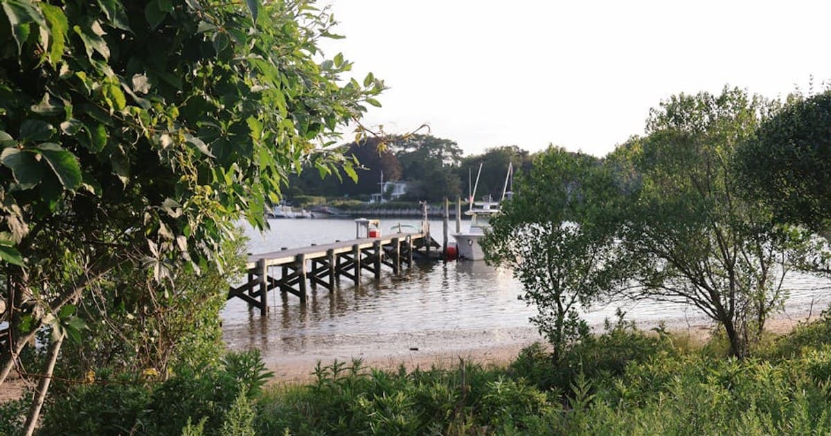Scenic view of a pier surrounded by lush greenery in Hampton Bays, NY on a summer day.