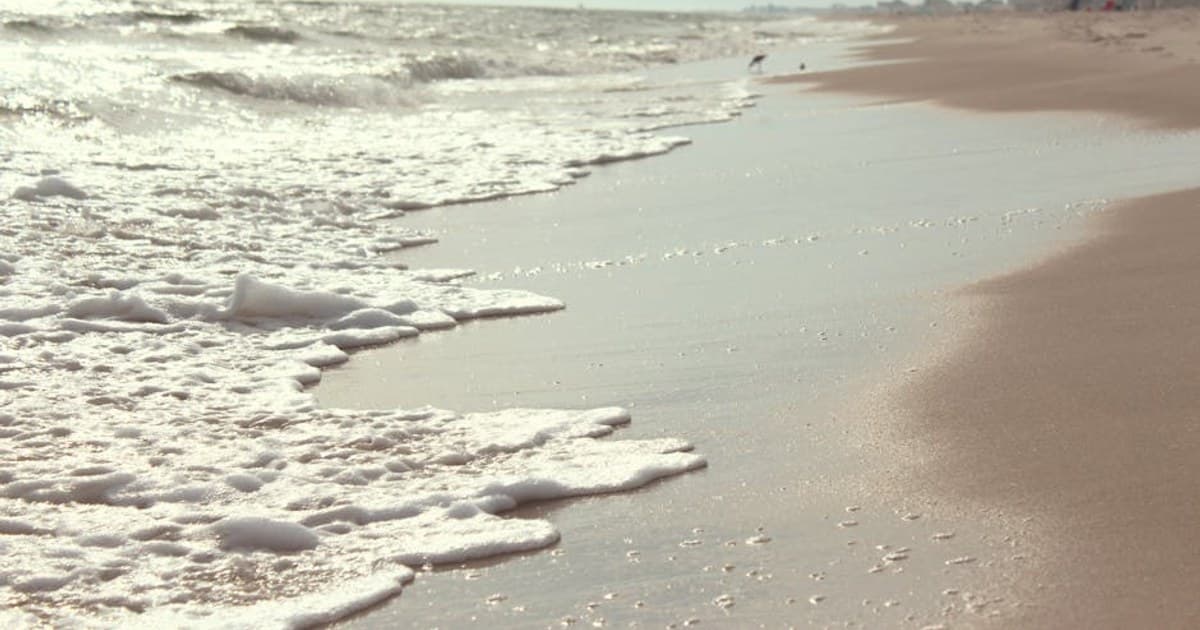 Peaceful view of a sandy beach with foamy waves under a soft sky.