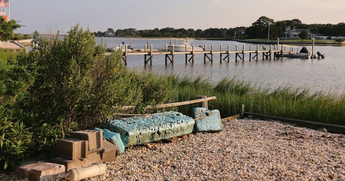 Serene view of a dock in Hampton Bays during summer with lush greenery and calm water.
