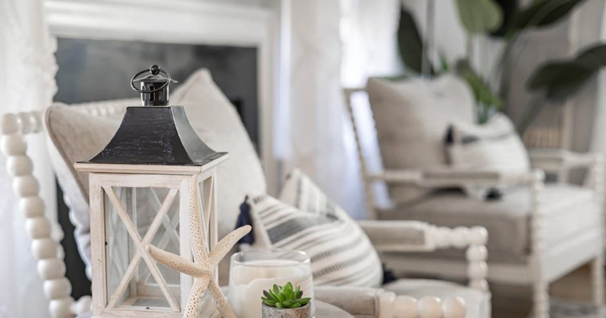 Elegant coastal-themed living room with stylish decor and natural elements.
