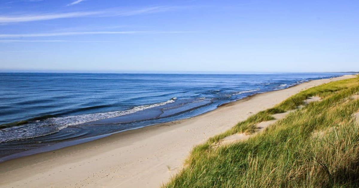 Peaceful coastal scene featuring a sandy beach, gentle waves, and a clear blue sky.