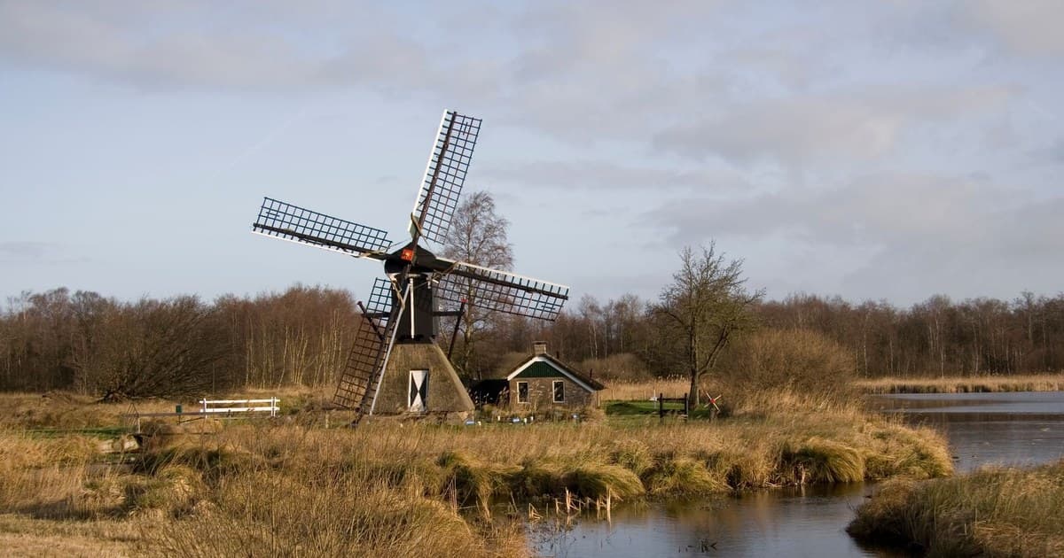 Scenic view of a traditional Dutch windmill standing by a tranquil riverbank during daylight.